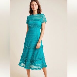 Anthropologie Vone Midi Dress 4 Blue Green Dashing Lace Ruffle Tiered Feminine